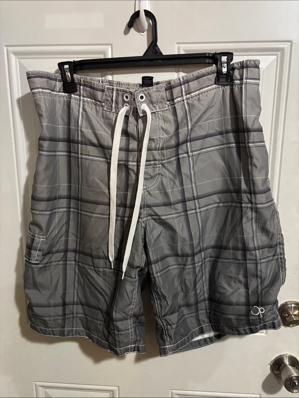 Opalhouse Gray Plaid Swim Trunks with White Drawstring